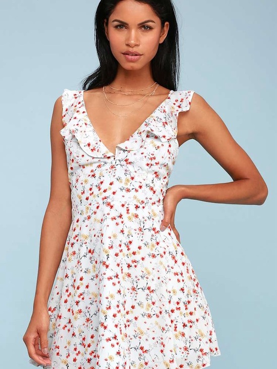Lulus Dresses & Skirts - Lulu's White Mini Dress with Red & Yellow Floral Print